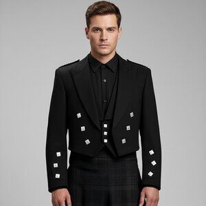 Mens Prince Charlie Scottish Bagpipe Jacket & Waistcoat Vest Black Formal Wear